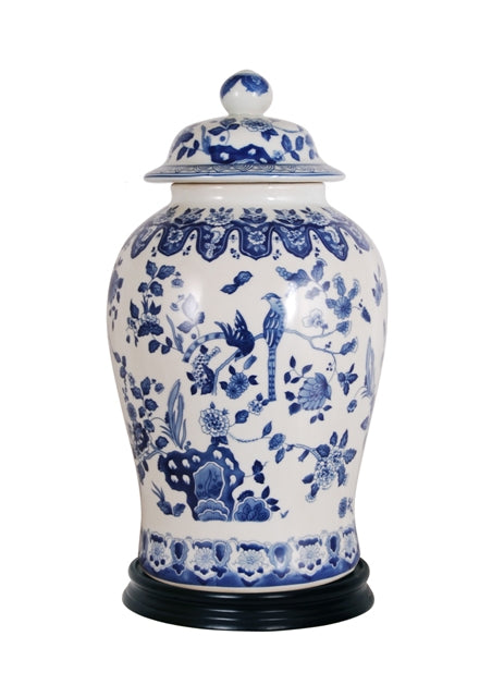 Beautiful Blue and White Floral Bird Motif Porcelain Temple Jar 19" with Base