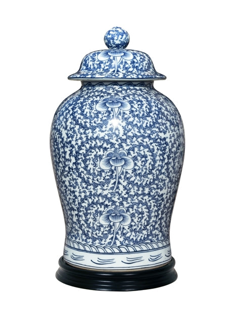 Beautiful Blue and White Porcelain Chinoiserie Temple Jar 19"