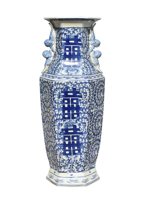 Beautiful Hexagonal Oriental Blue and White Double Happiness Porcelain Vase 24"