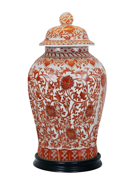 Beautiful Orange/Coral And White Porcelain Chinoiserie Temple Jar 19"