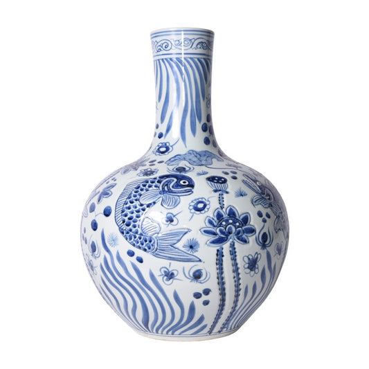 Beautiful Blue and White Fish Motif Emobssed Porcelain Globular Vase 21.5"