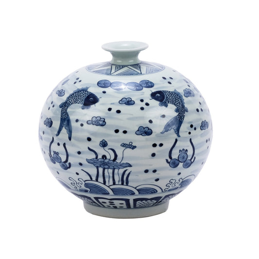 Beautiful Blue and White Fish Motif Porcelain Contour Pomegranate Vase 11"