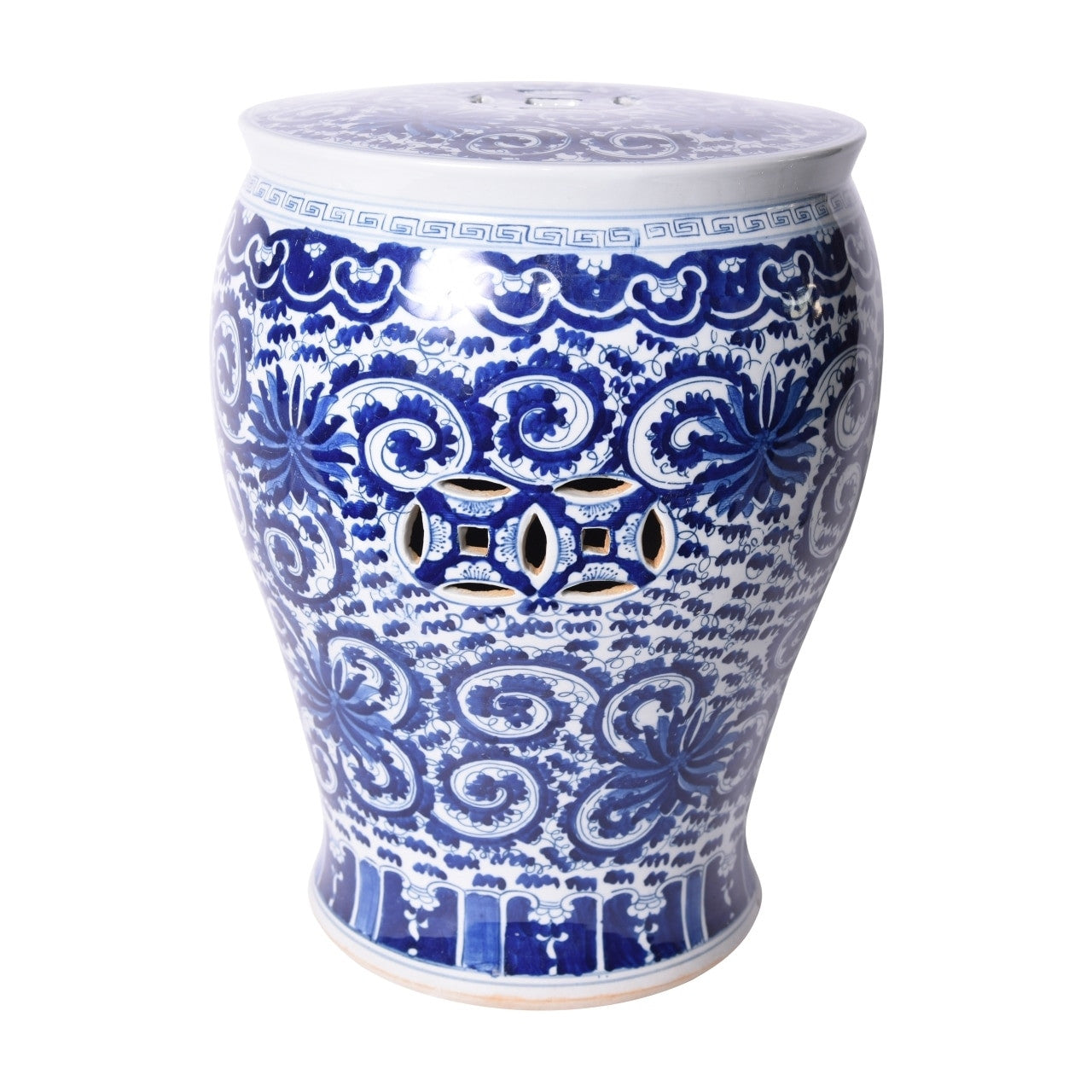 Blue and White Round Flat Top Garden Stool Twisted Lotus Motif