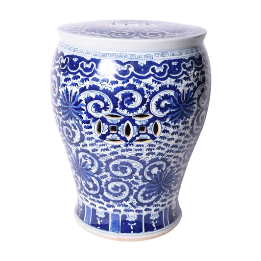 Blue and White Round Flat Top Garden Stool Twisted Lotus Motif