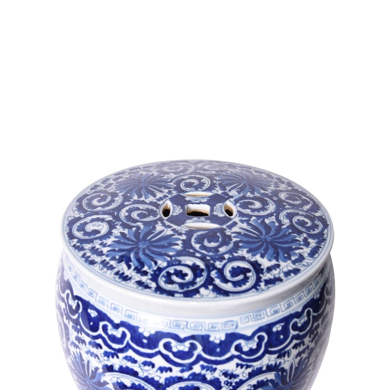 Blue and White Round Flat Top Garden Stool Twisted Lotus Motif
