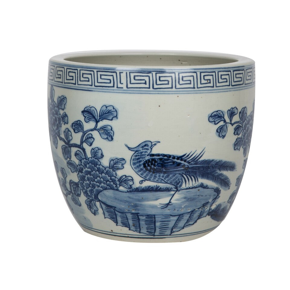 Blue and White Bird Motif Porcelain Orchid Pot