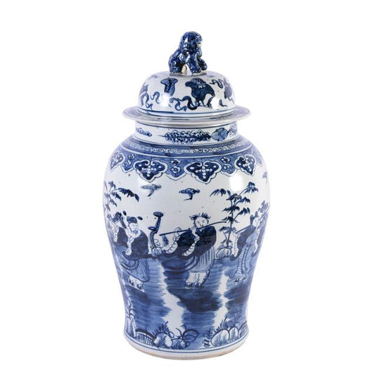 Blue & White Large Porcelain 8 Gods Motif Temple Jar Ginger Jar 24" Foo Dog Top