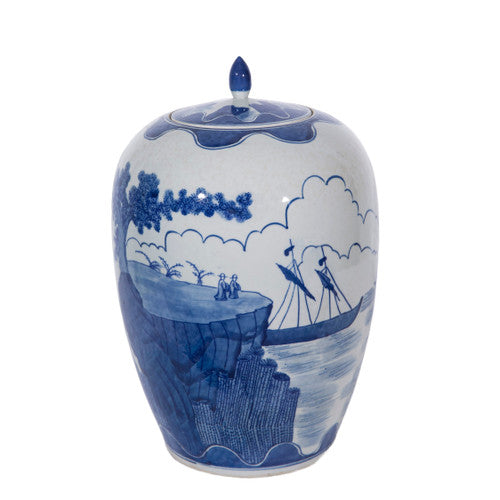 Blue And White Porcelain Sail Boat Ginger Jar