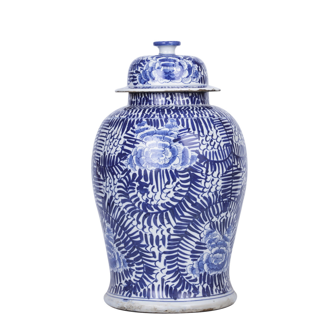 Blue and White Feathered Peony Porcelain Temple Jar