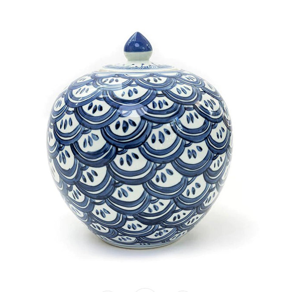 Blue and White Sea Wave Porcelain Melon Jar 11"