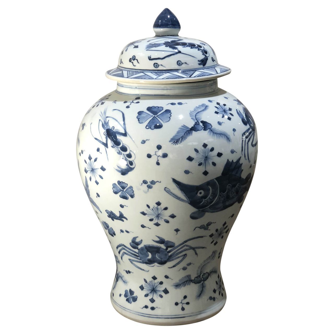 Blue and White Fish and Crab Motif Porcelain Temple Jar 19"