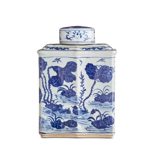 Blue And White Curved Tea Jar Lotus Motif