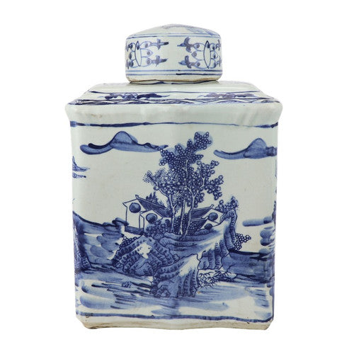 Blue And White Porcelain Curved Tea Jar Landscape Motif