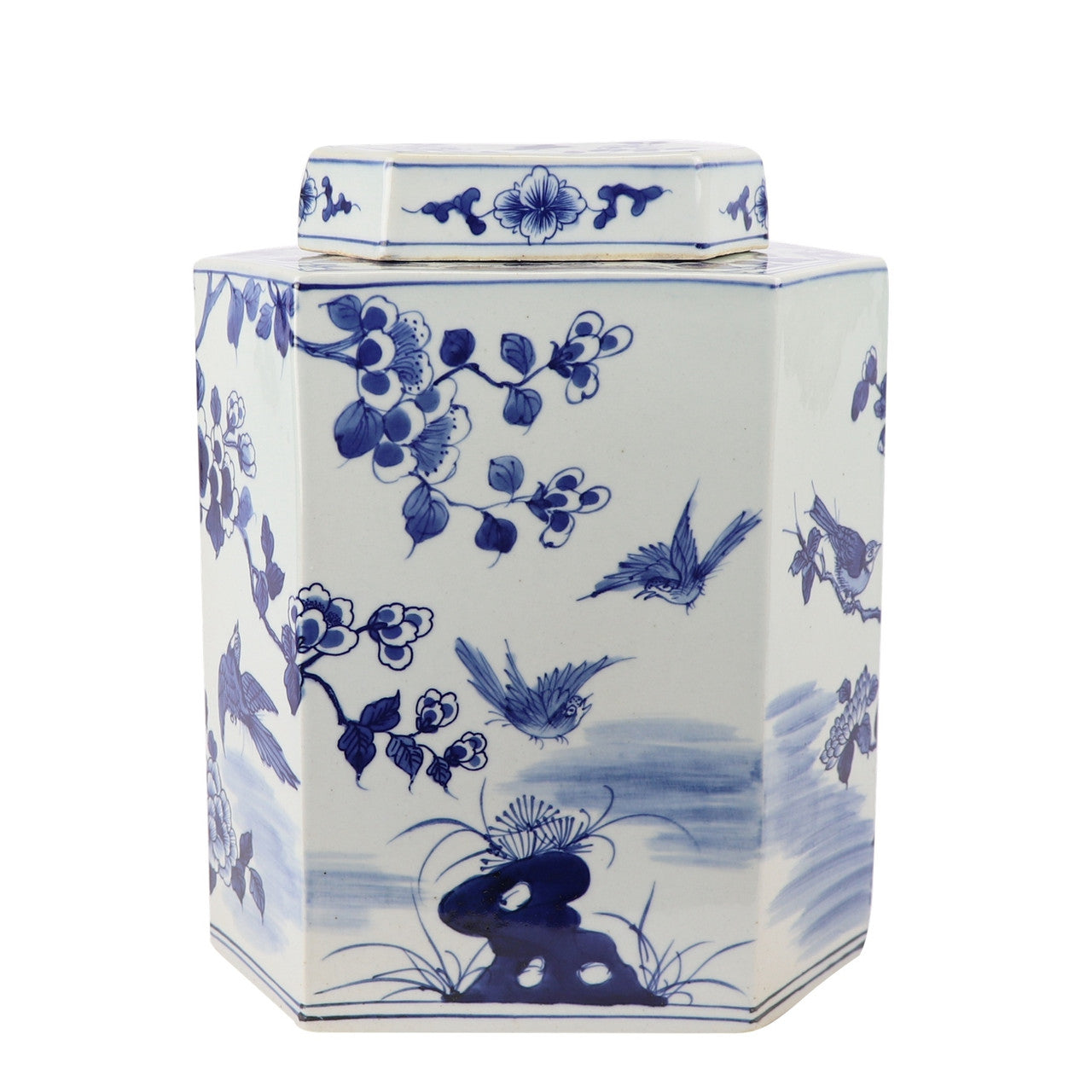 Blue And White Porcelain Flat Hex Bird Floral Jar