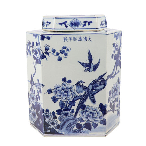 Blue And White Porcelain Flat Hex Bird Floral Jar