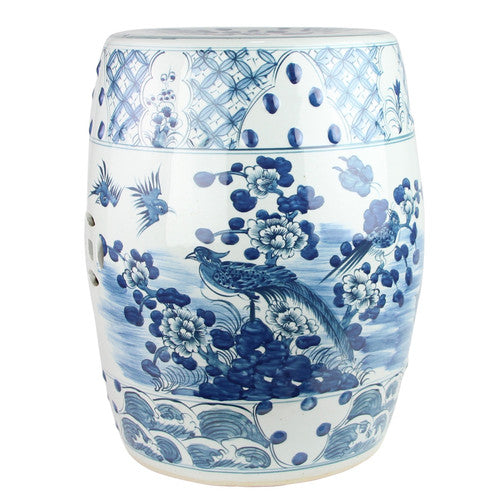 Blue and White Porcelain Garden Stool Bird Motif