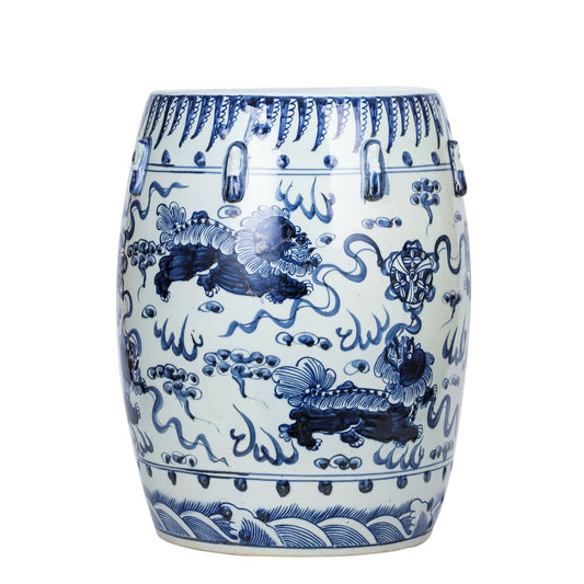 Chinese Blue and White Porcelain Garden Stool Round Foo Dog Lion Motif 18"