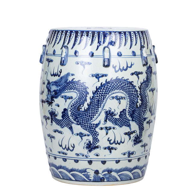 Blue And White Porcelain Garden Stool Dragon Motif