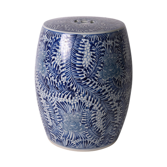 Blue and White Porcelain Floral Feather Leaf Motif Garden Stool 17"