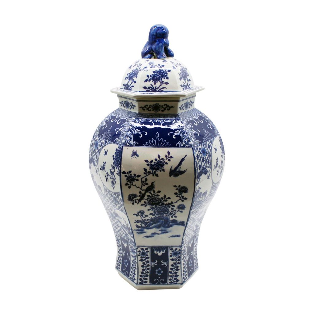 Blue and White Hexagonal Floral Bird Style Porcelain Temple Jar 25"