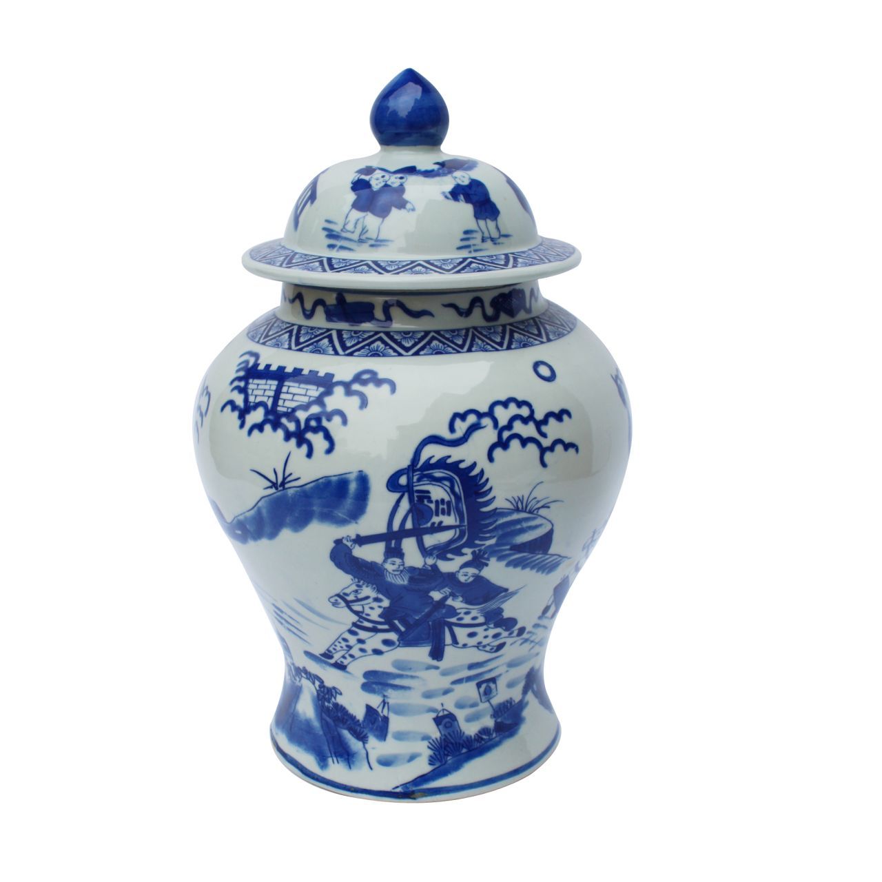Blue and White Chinese War Theme Porcelain Temple Jar 14"