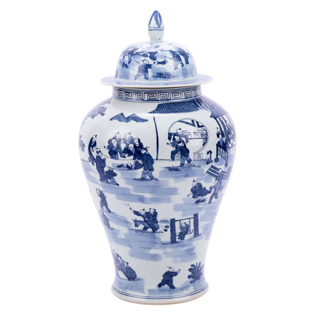Blue and White School Scene Porcelain Temple Jar 27"