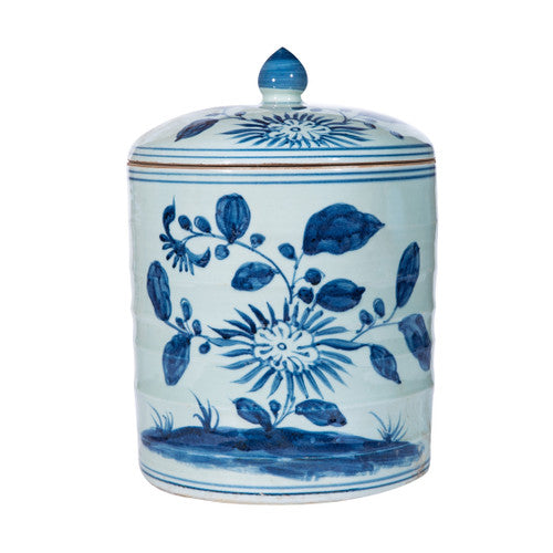 Blue and White Leaf Petal Ribbed Tea Jar