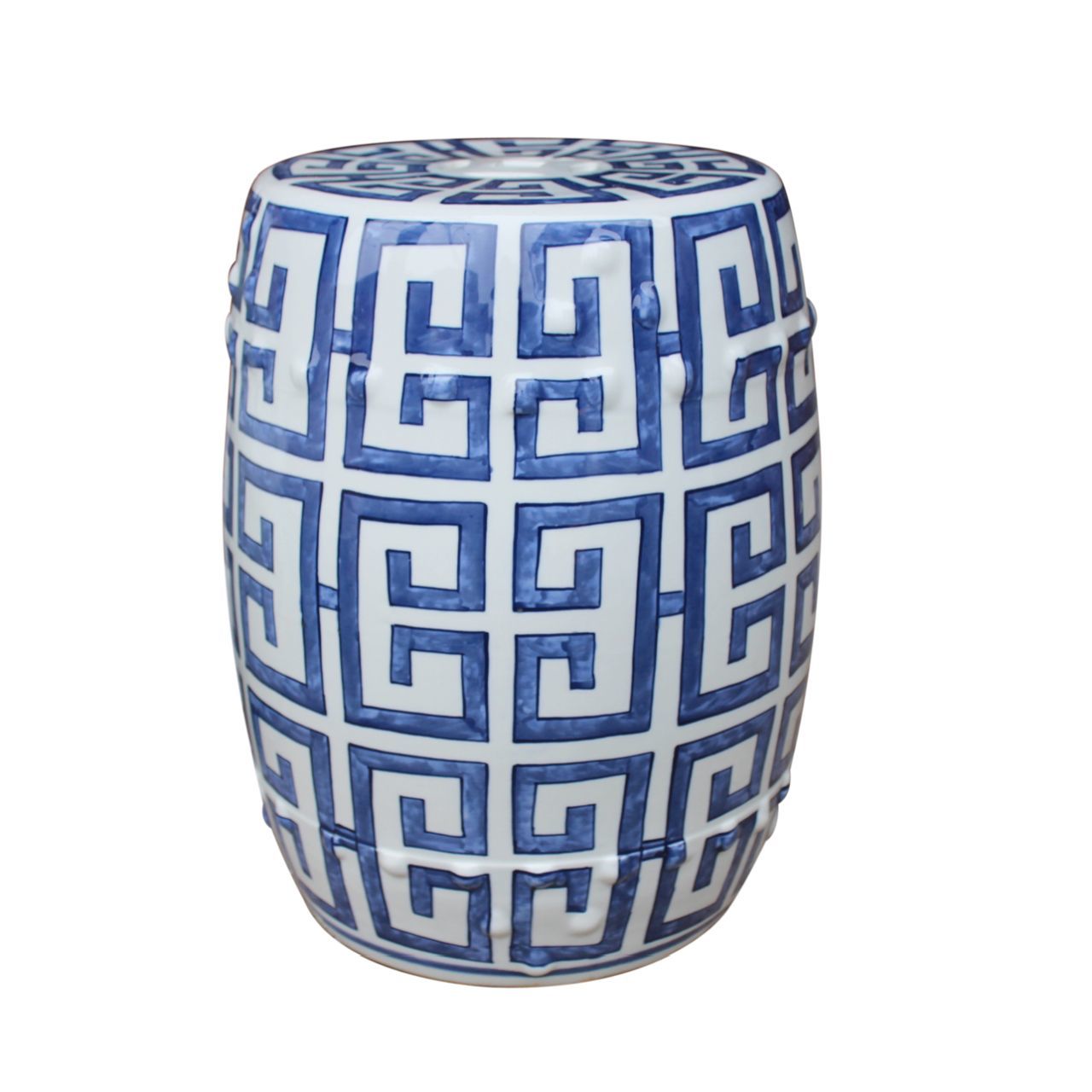 Blue and White Porcelain Geometric Motif Garden Stool 17"