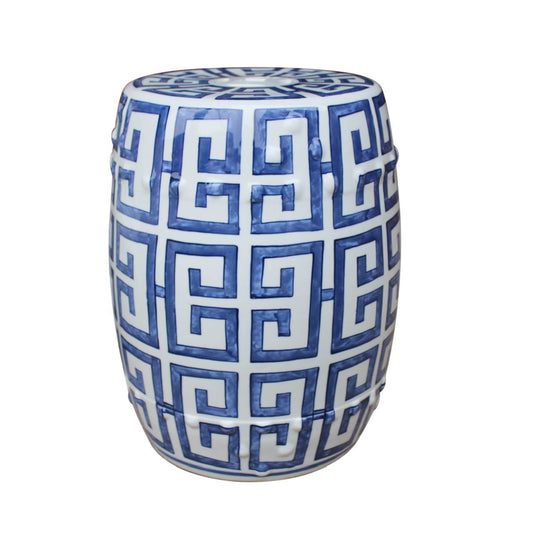 Blue and White Porcelain Geometric Motif Garden Stool 17"