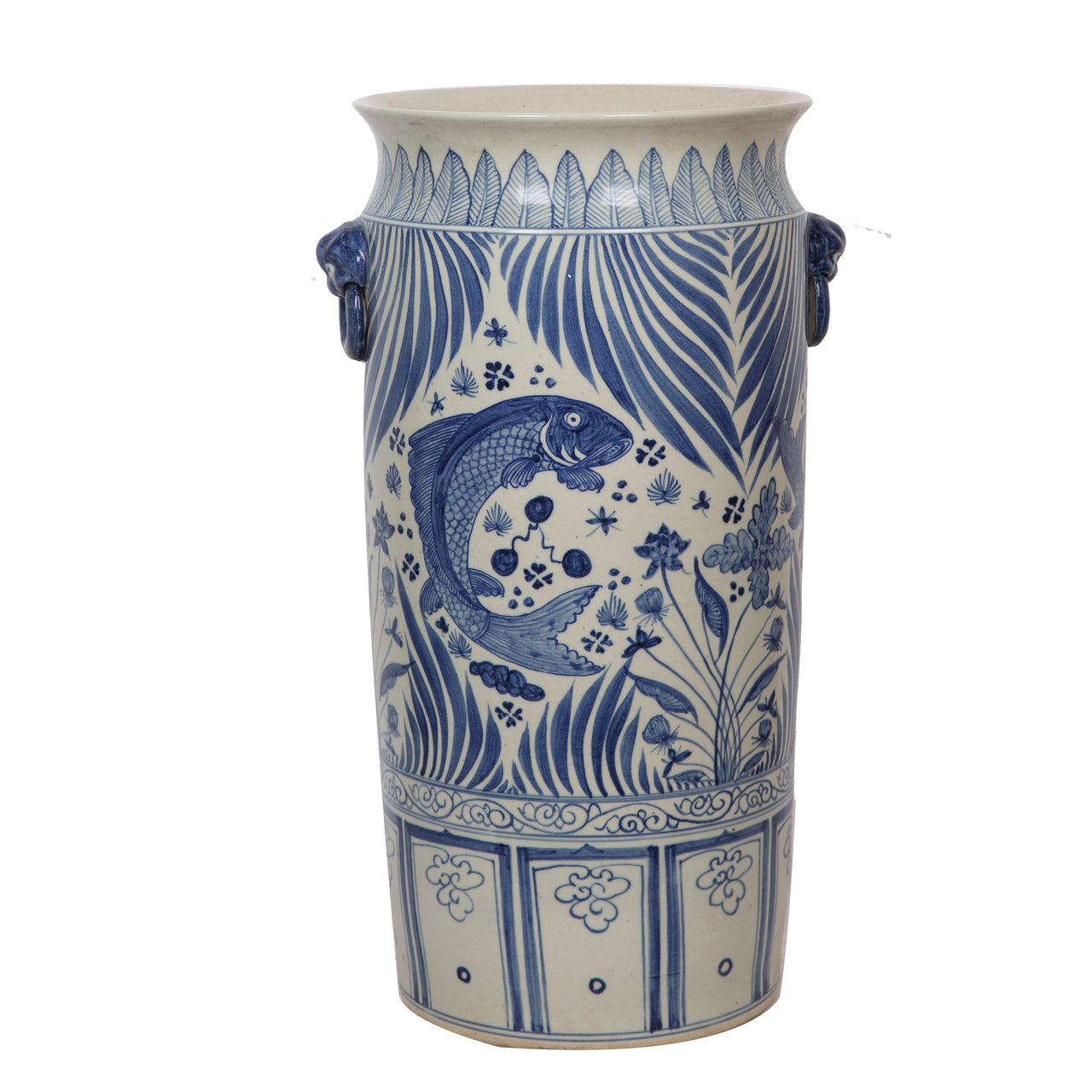 Blue and White Fish Motif Porcelain Umbrella Stand