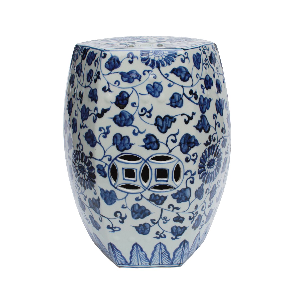 Blue and White Porcelain Hexagonal Twisted Vine Lotus Garden Stool 18"