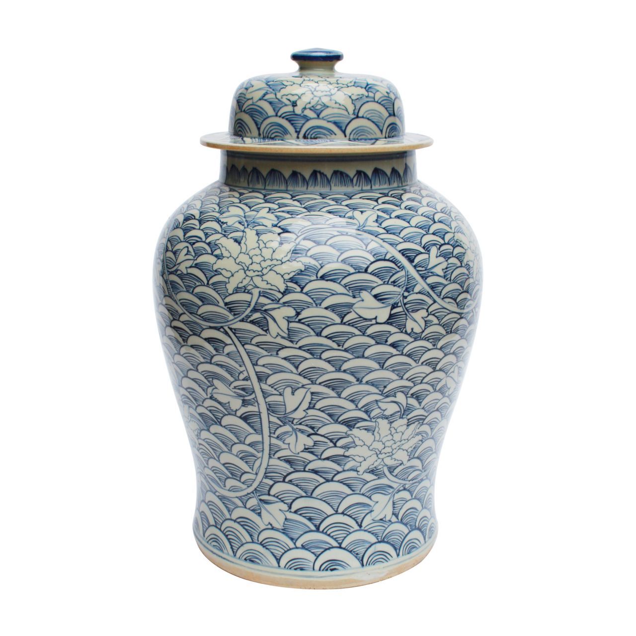 Blue and White Floral Waves Motif Porcelain Temple Jar 18"