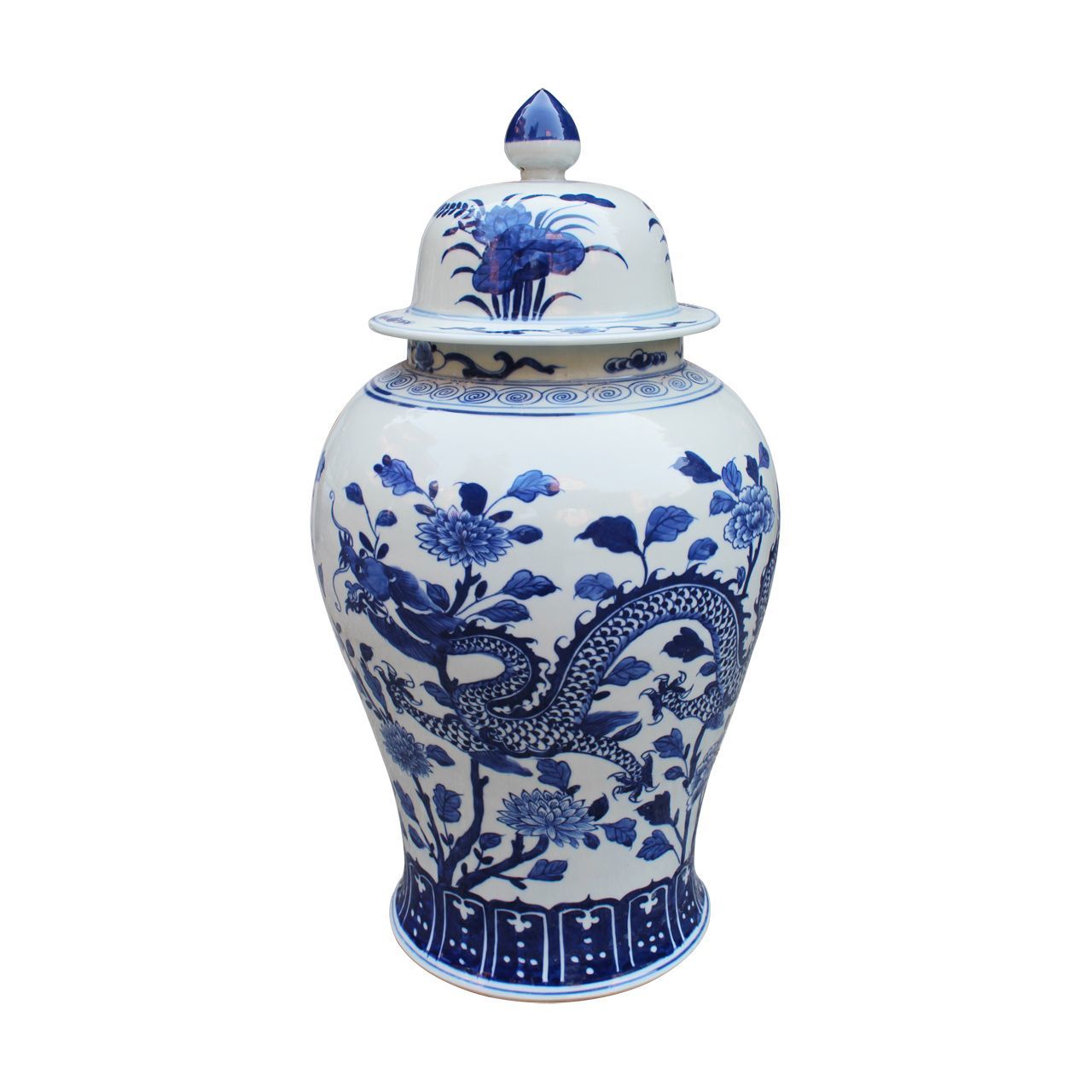 Blue and White Floral Dragon Style Porcelain Temple Jar 24"