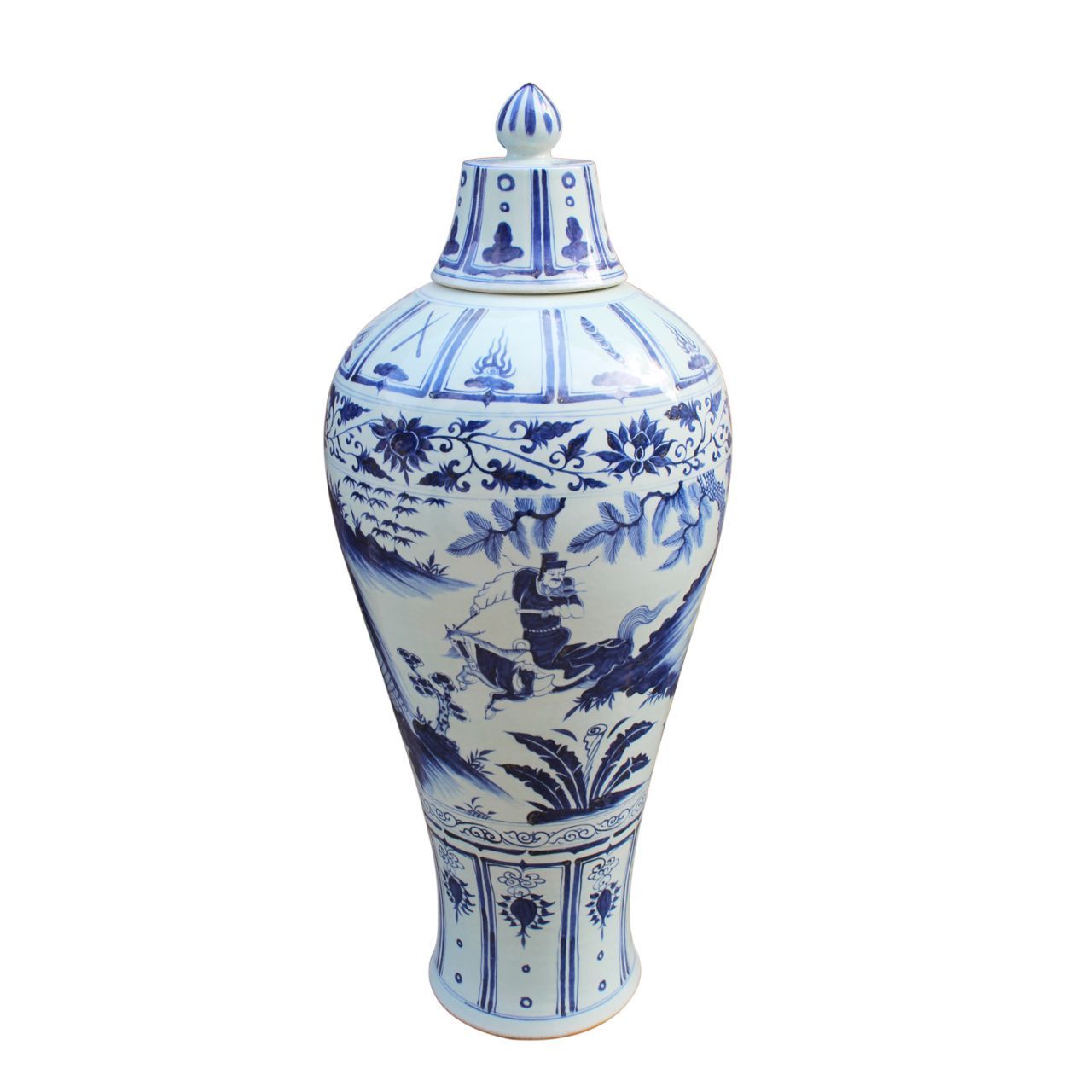 Blue and White War General Motif Large Tall Porcelain Temple Jar 42"