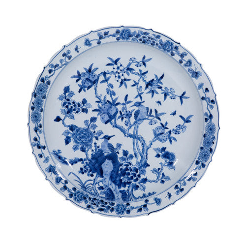 Blue And White Porcelain Plate Peachtree Bird Motif 18"