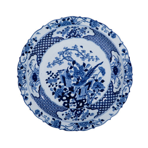 Blue And White Porcelain Plate Pheasant Floral Motif 18"