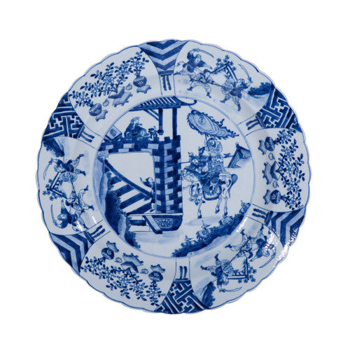 Blue And White Porcelain Plate Warrior Motif 18"
