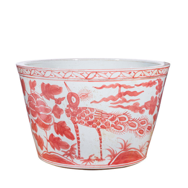 Coral Red Porcelain Bird Basin Planter 17"