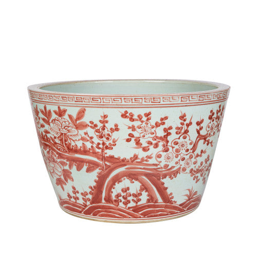 Coral Red Peony Porcelain Basin Planter