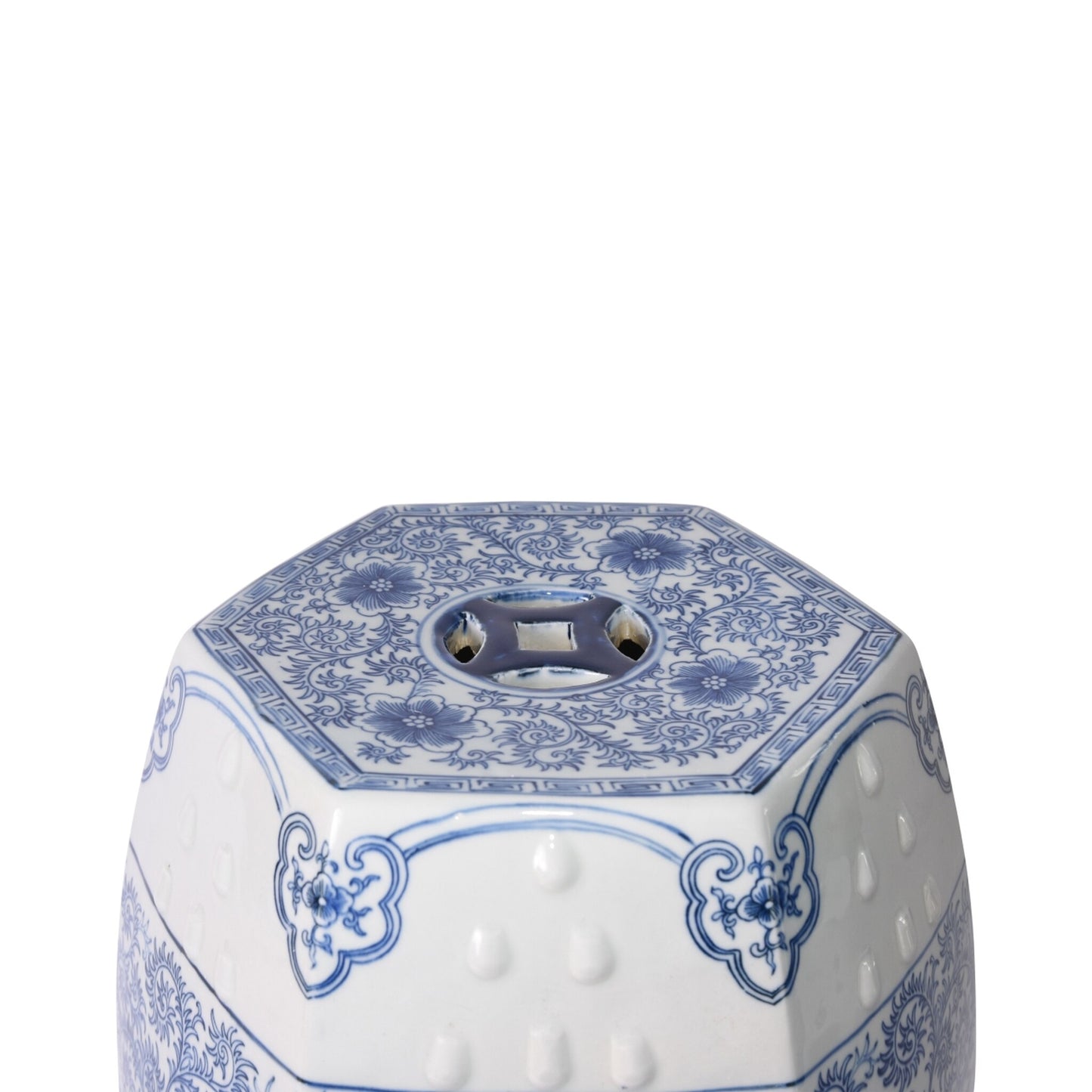 Vintage Style Blue and White Hexagonal Porcelain Garden Stool Chinoiserie Lotus