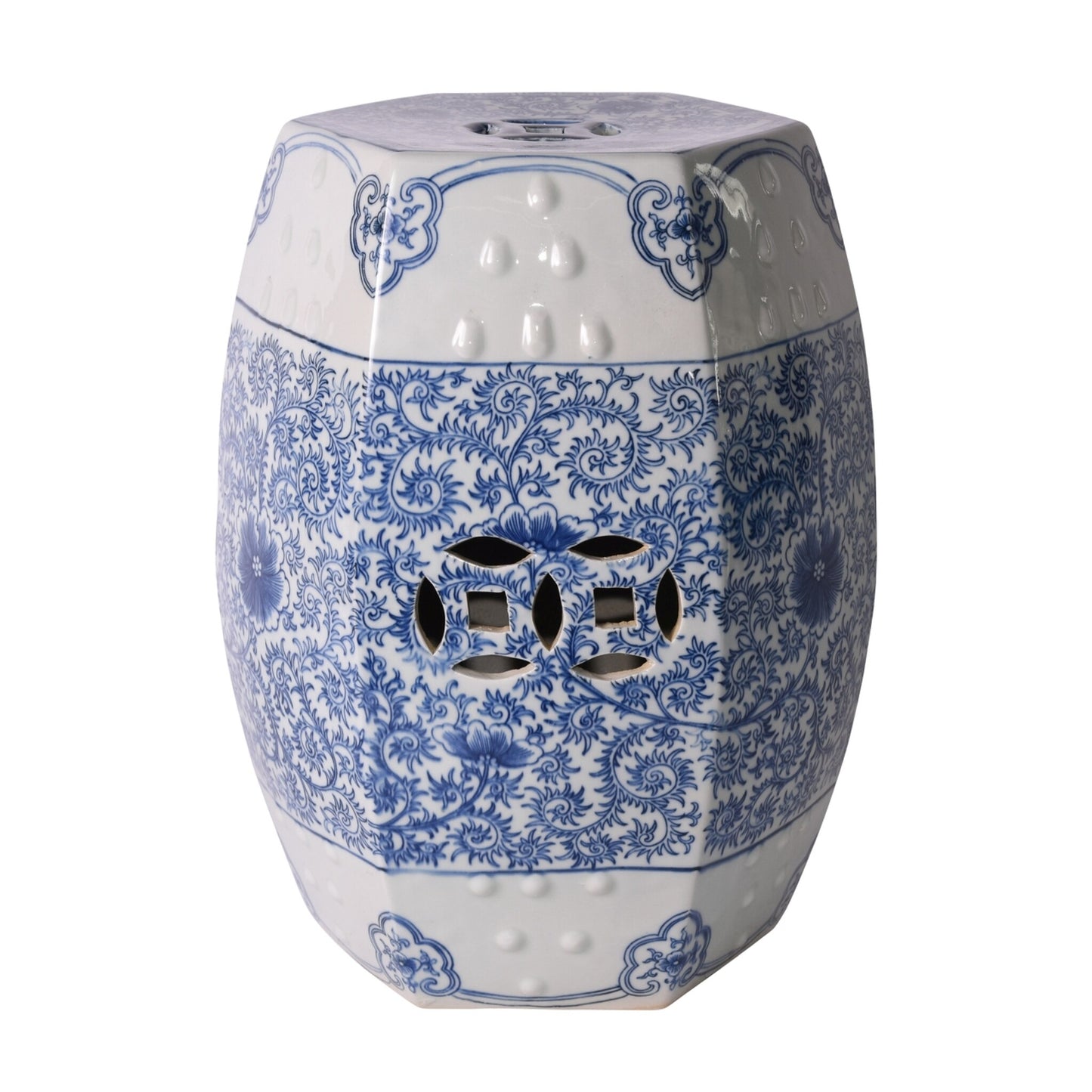 Vintage Style Blue and White Hexagonal Porcelain Garden Stool Chinoiserie Lotus