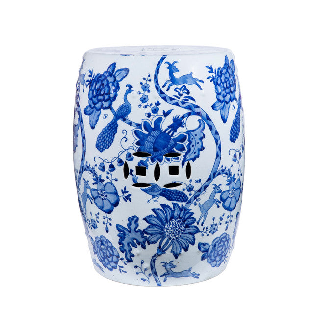 Blue and White Porcelain Botanical Scenery Garden Stool