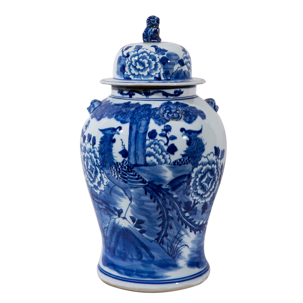 Blue and White Phoenix Motif Porcelain Temple Jar 18"