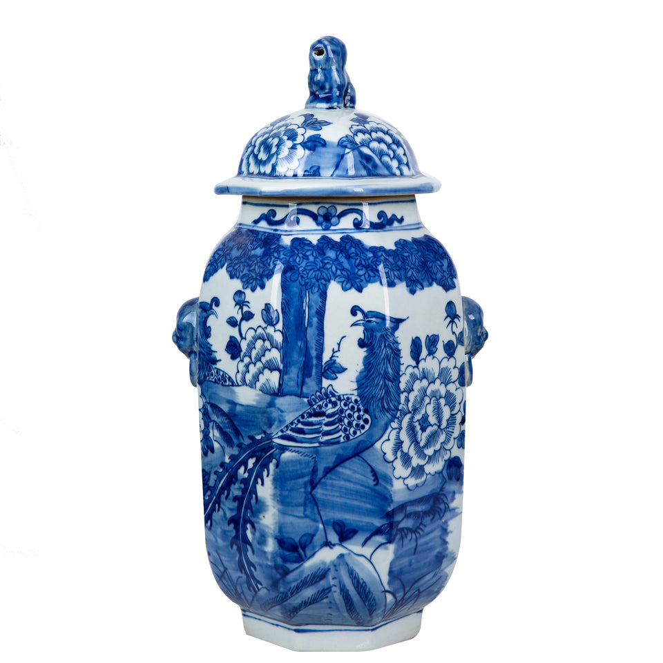 Blue and White Phoenix Tree Motif Porcelain Hexagonal Jar 24"