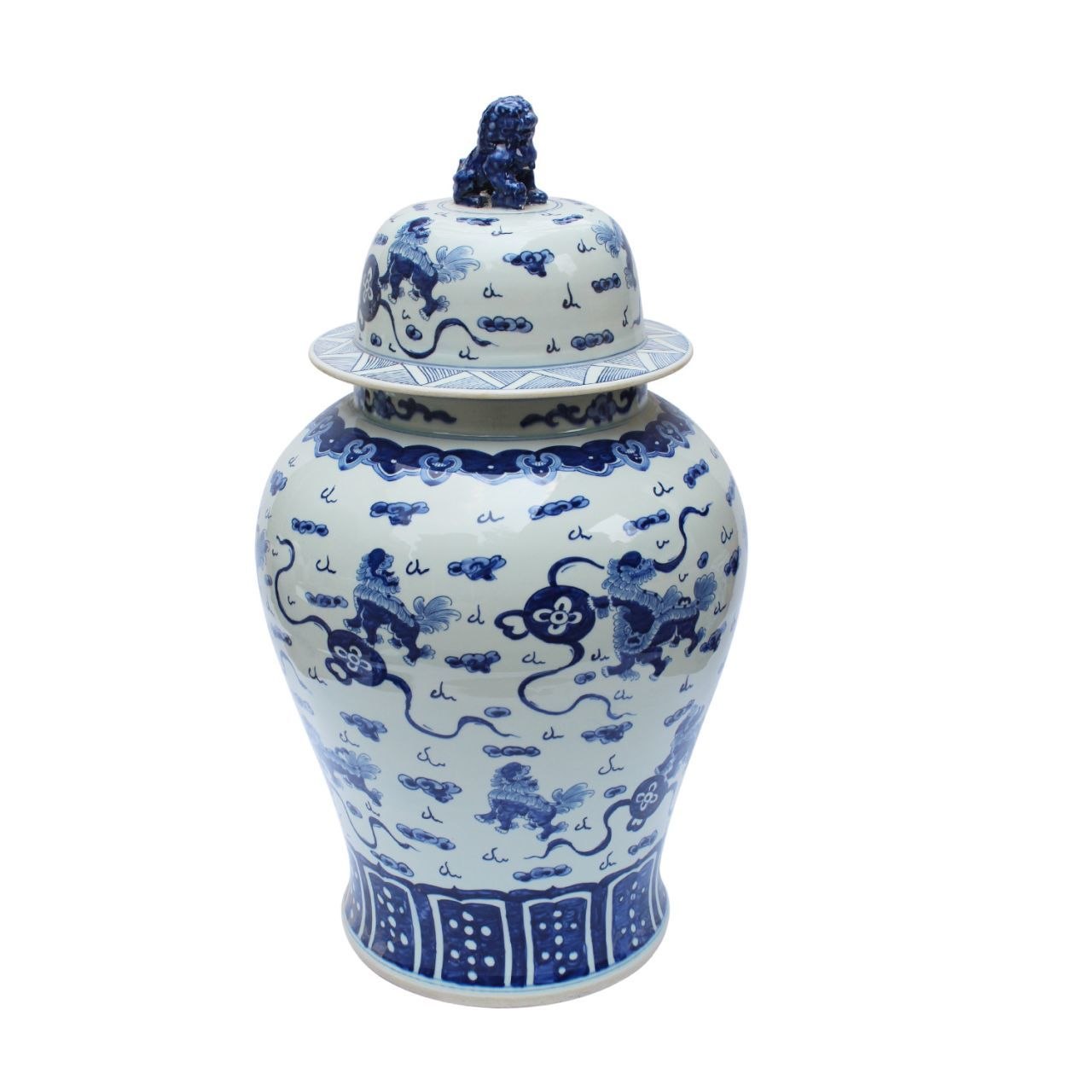 Blue and White Foo Dog Motif Large Porcelain Temple Jar 34"