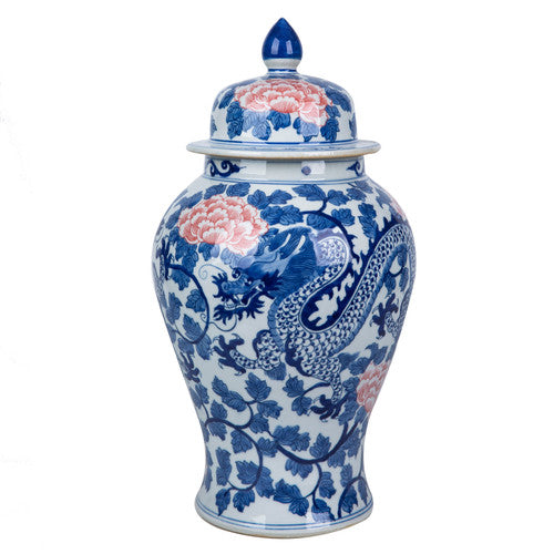 Blue and White Red Peony Porcelain Dragon Temple Jar
