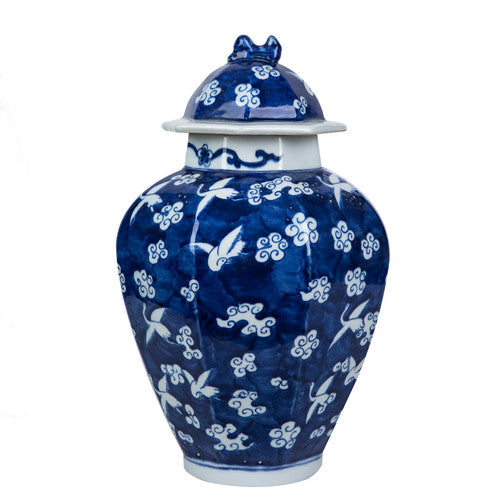 Blue and white Porcelain Crane Cloud Octagonal Lidded Jar