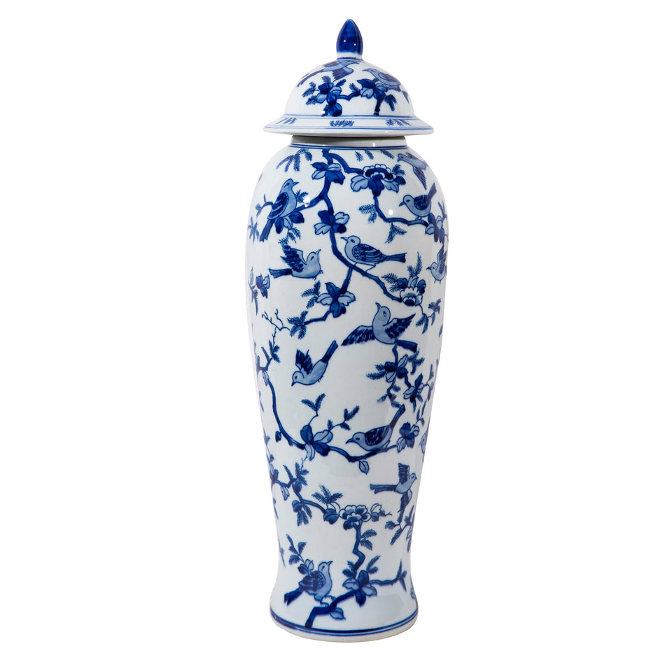 Blue and White Floral Bird Motif Jar 22"