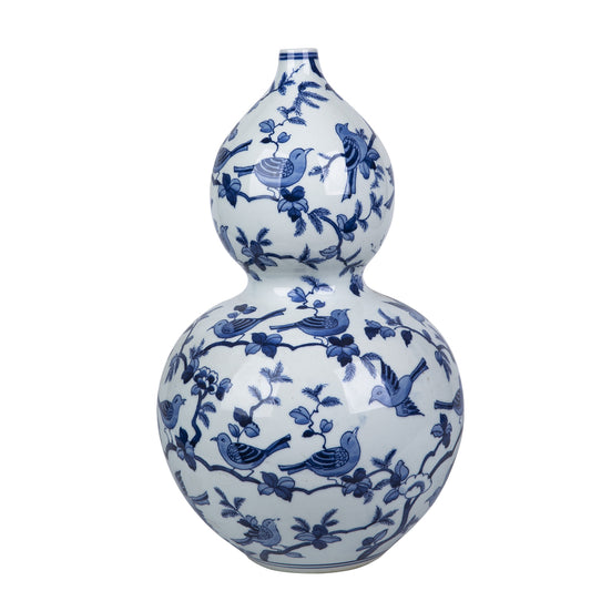 Blue and White Bird Motif Porcelain Gourd Vase 15"