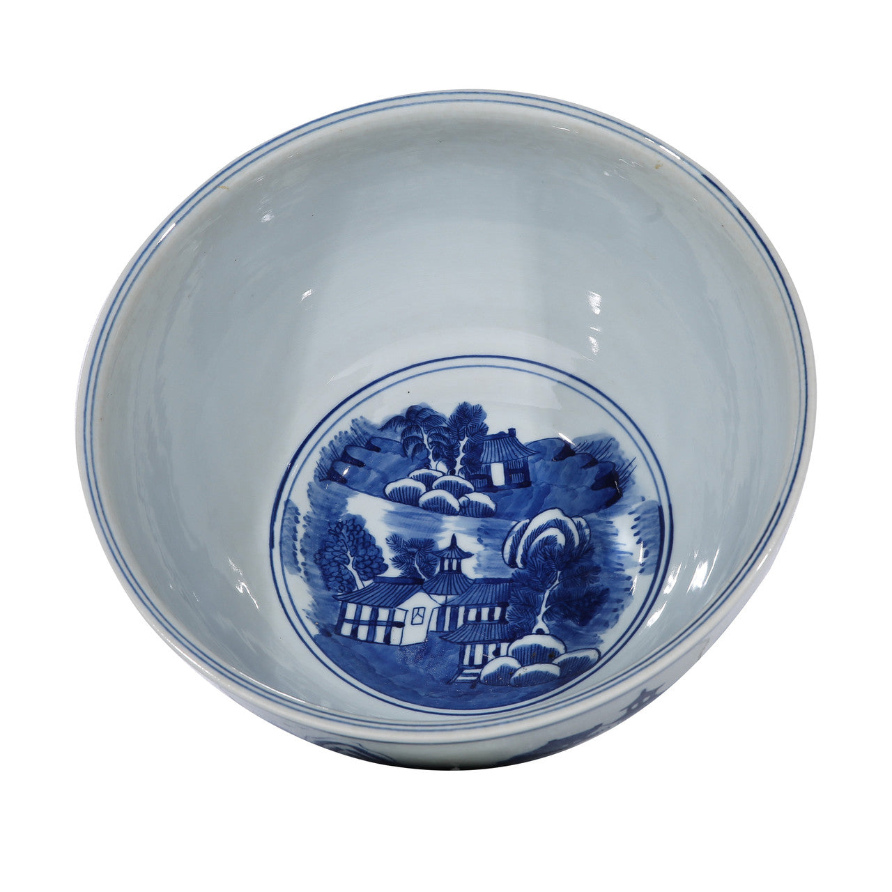 Blue And White Porcelain Mountain Pagoda Bowl 14"